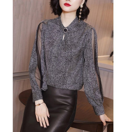 Striped Chiffon Shirt Women's Hollow Lantern Sleeve Loose Top Commuter Long Sleeve