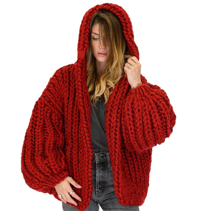 Loose And Hooded Cardigan Coat Handmade Knitting Needle Women's Knitted Sweater