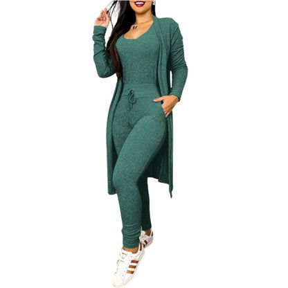 Women's Casual Suit High Waist Slip-on Casual Pants Drawstring Pocket Design Jumpsuit And Cardigan Cover