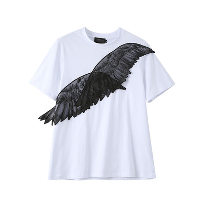 Short Sleeve Design Personality Blouse With Angel Wings Embroidery Applique T-shirt For Women