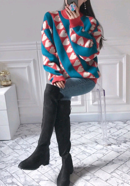 Loose Rabbit Fur Loose Color Block Half Turtleneck Sweater