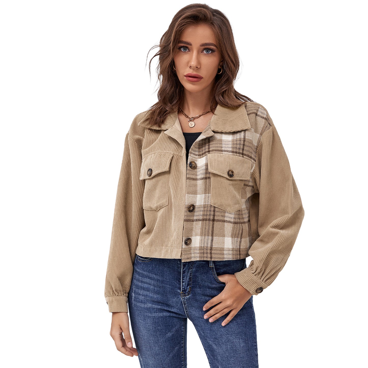 Ladies Autumn And Winter Stitching Plaid Corduroy Jacket