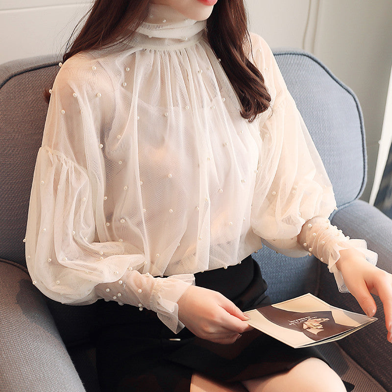 Lantern sleeve mesh chiffon shirt