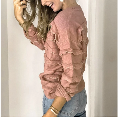 Pull décontracté à col rond de couleur contrastée pour femme