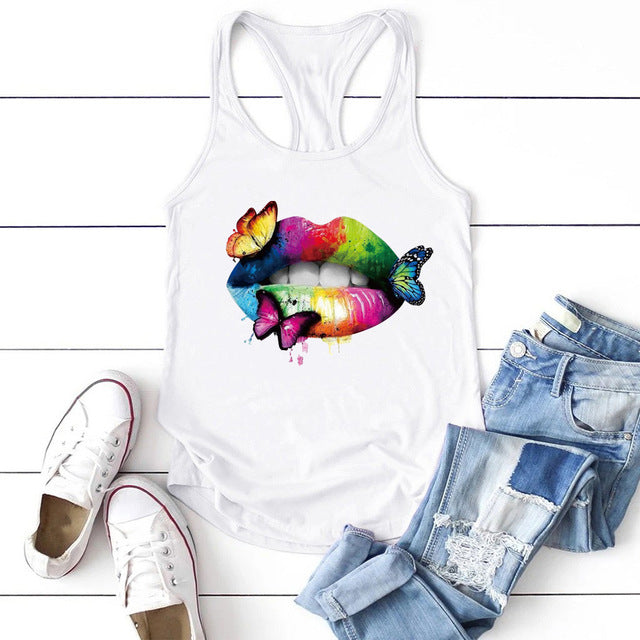 Multicolored Lips Butterflies Printed Tank Top Women