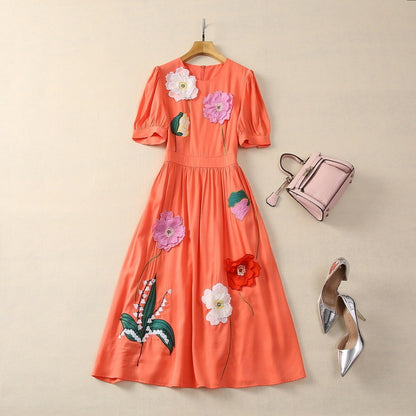 Three-dimensional Stickers Flower Waist-tight Round Neck Short Sleeve Dress