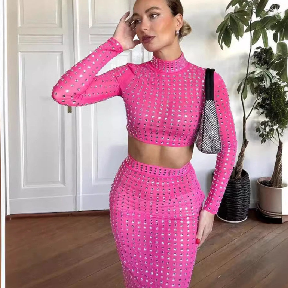 Traje de falda ajustado elástico con remaches a la moda para mujer Hot Girl