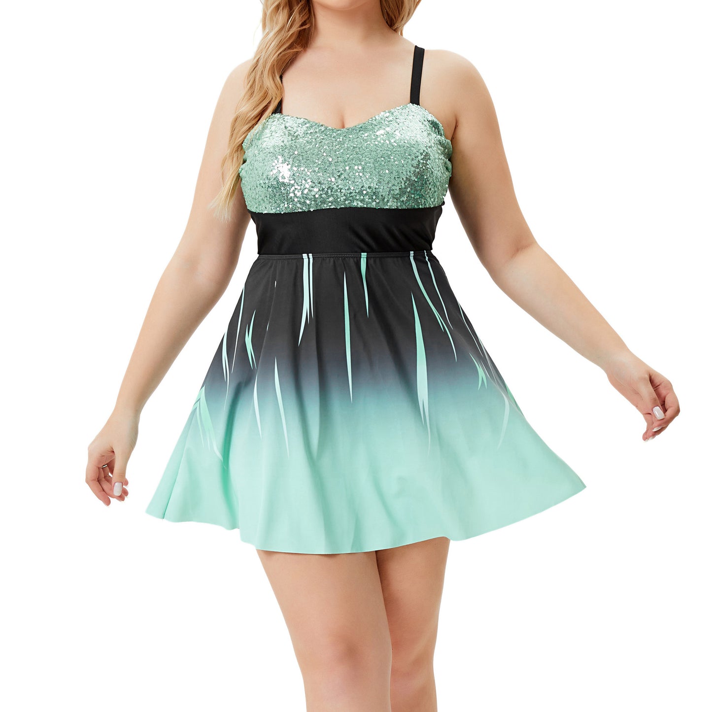 Traje de baño triangular con falda de cintura alta y lentejuelas verdes