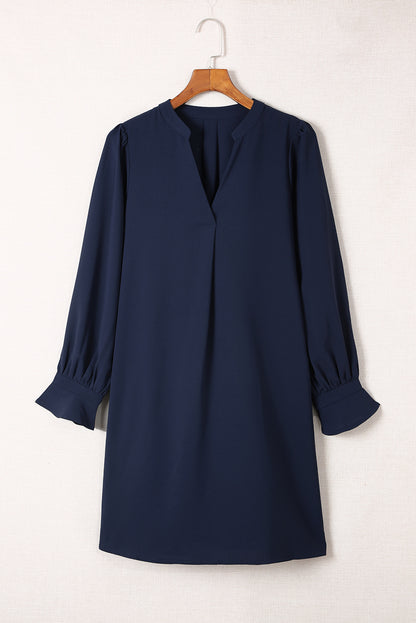 Blue Split V Neck Ruffled Sleeves Shirt Dress