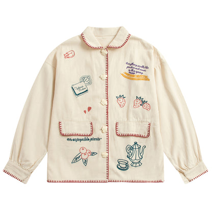 Japanese Strawberry Cat Multi-embroidered Double Pocket Jacket