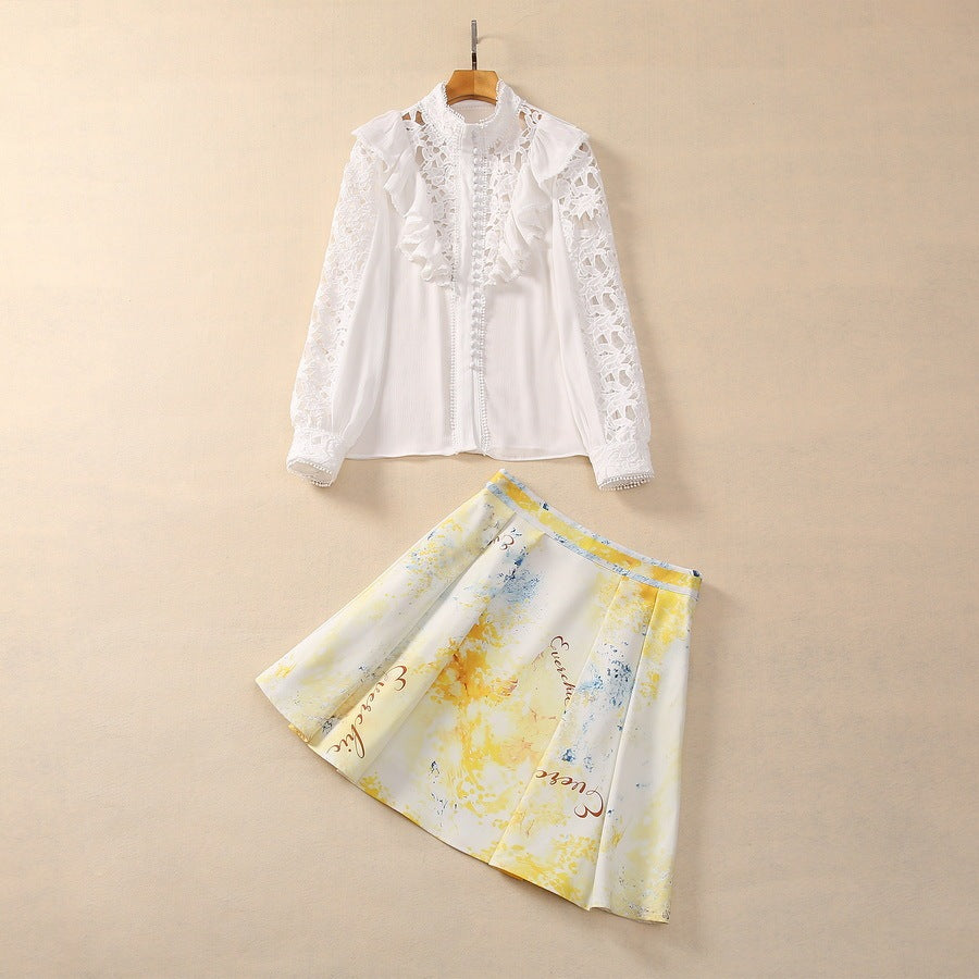 Silk Crinkle Silk Stitching Water Soluble Lotus Leaf Stand Collar Top A- Line Skirt Short Skirt Fashion Suit