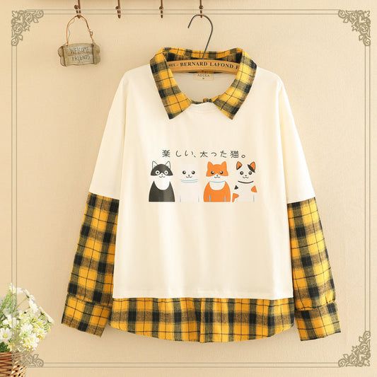 Pull faux deux pièces à carreaux pour fille et grand garçon, ample, imprimé quatre chats, nouvelle collection 