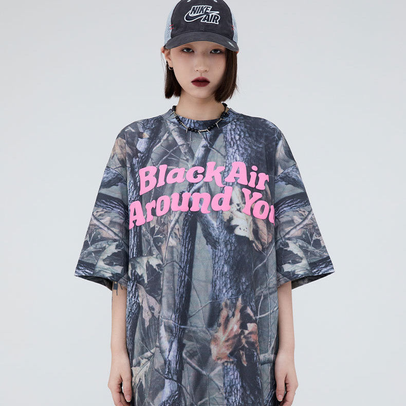 Letter Foamed Print True Leaf Camo Digital Loose Short Sleeve