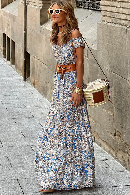 Vestido largo con hombros descubiertos y estampado de cachemira boho azul