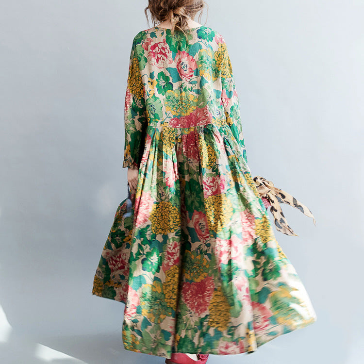 Ethnic Print Waist-tight Round-neck Long-sleeved Dress