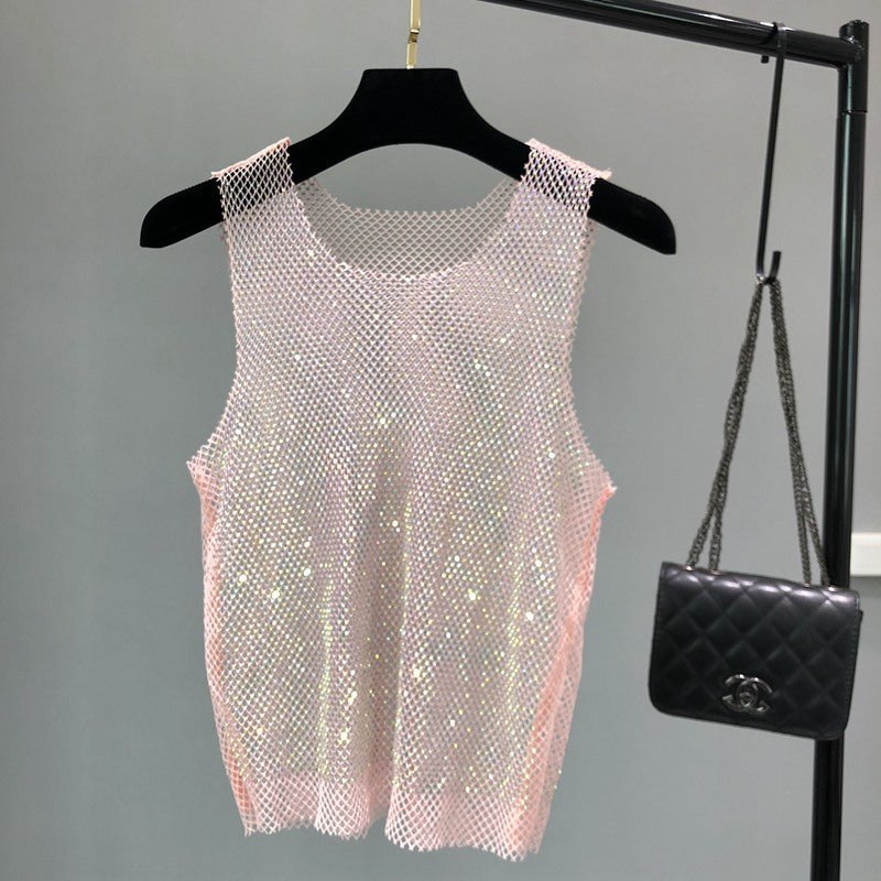 Gilet en maille strass pour femmes, haut sans manches ajouré en diamant léger