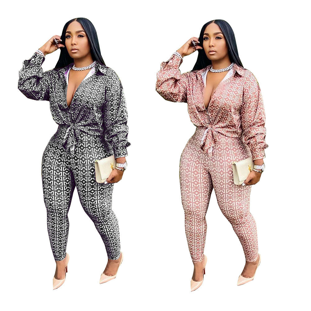 Plus Size Geo Pattern Shirt High Waist Pants Set