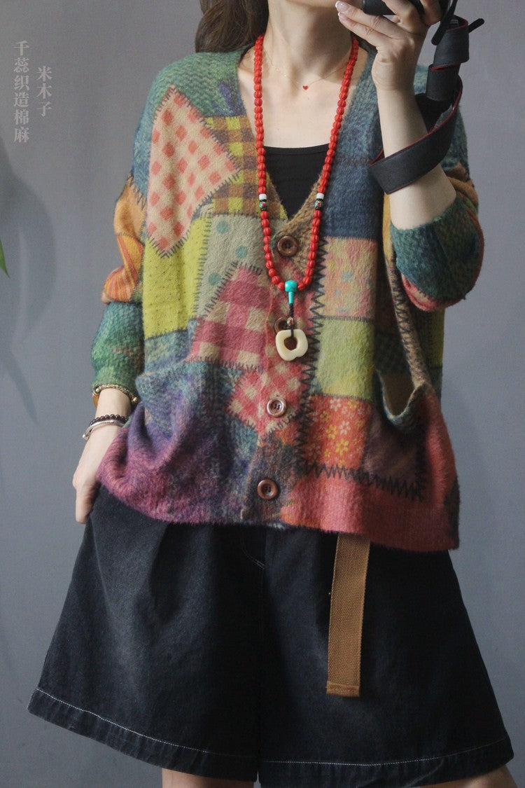 Vintage V Neck Print Knit Cardigan