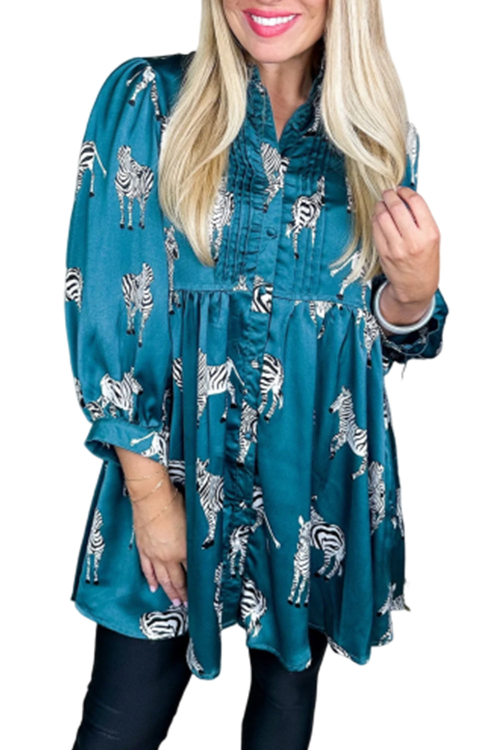 Vestido túnica estilo camisa plisada con estampado de cebra y estampado azul