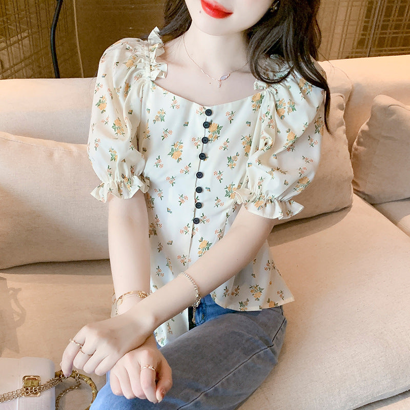 Women's Fashion French V-neck Irregular Floral Shirt