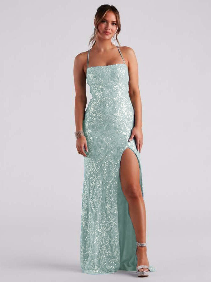 Off-neck Sequined Floor-length Evening Elegant Slit Banquet Party Dress