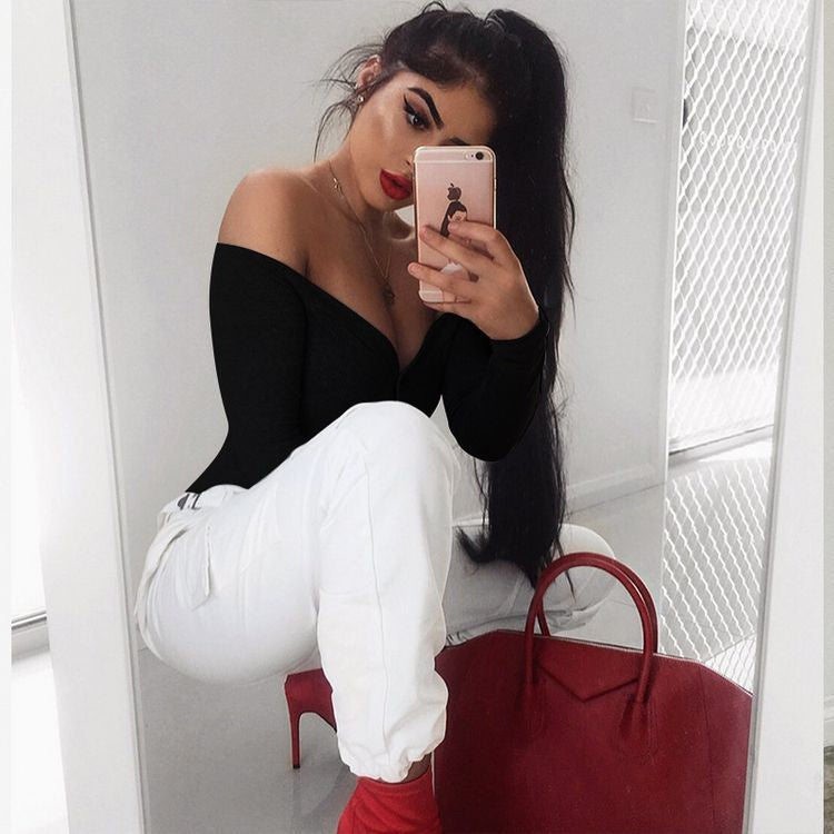 V-neck Long-Sleeved Button Jumpsuit T-shirt Blouse