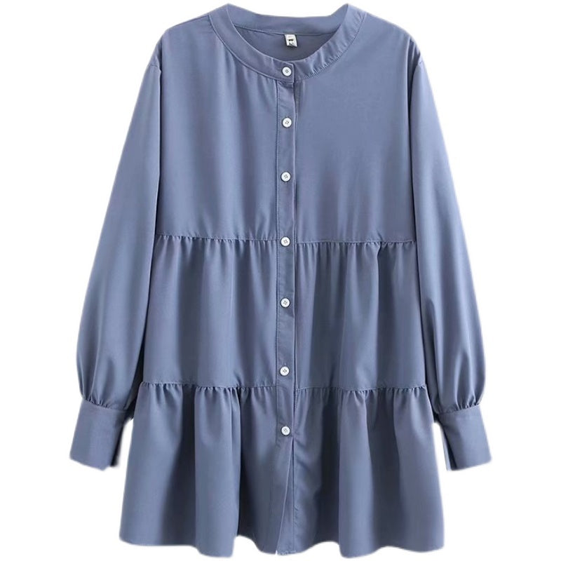 Medium Length Small Stand Collar Shirt Pleated Skirt