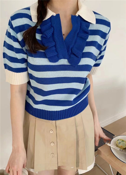 Doll Lapel And Fungus Edge Short Striped Short-sleeved Sweater