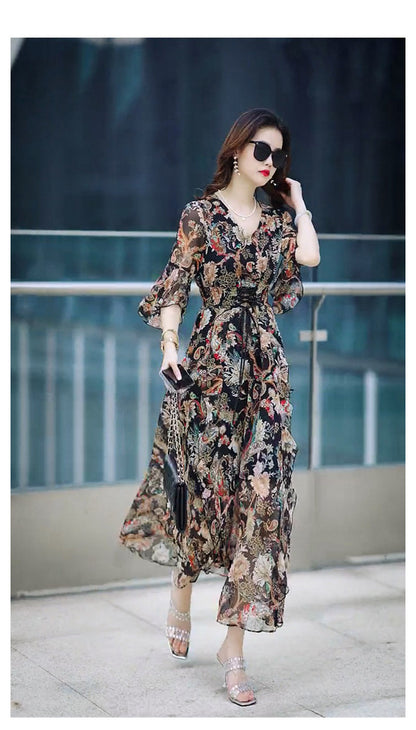 Vestido Mujer Reducción de Edad Escote en V Floral