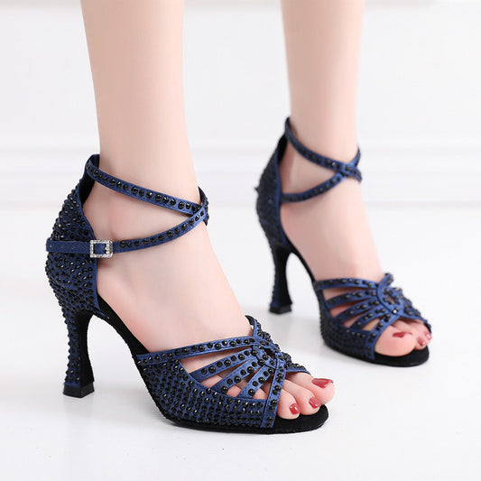 Zapatos de baile latino para mujer con diamantes de imitación en color azul oscuro