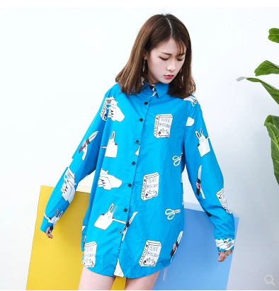 New Harajuku style English cartoon pistol loose long sleeve long shirt women