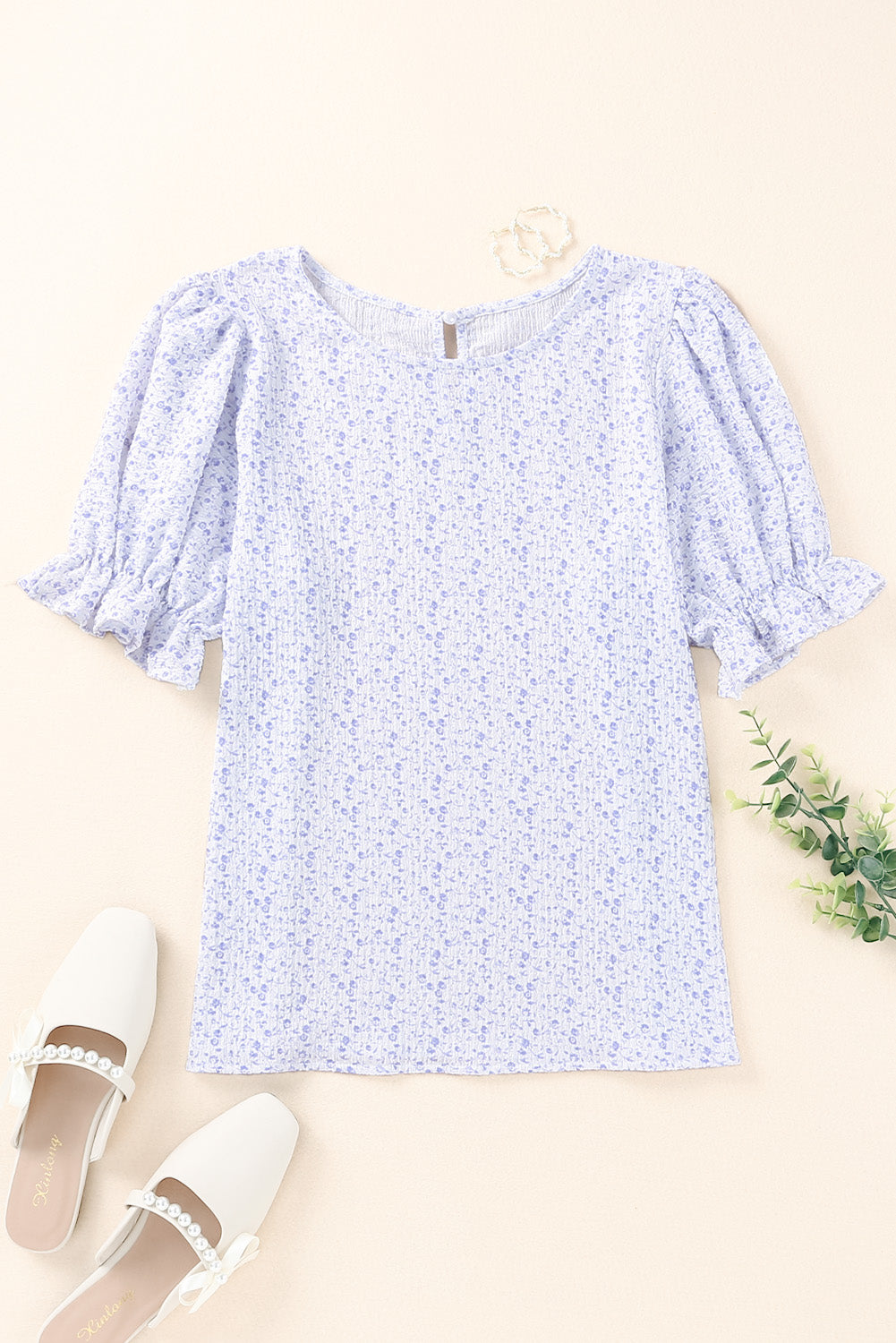 Printed Round Neck Half Flounce Sleeve Top