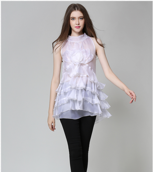 Ruffled organza sleeveless top