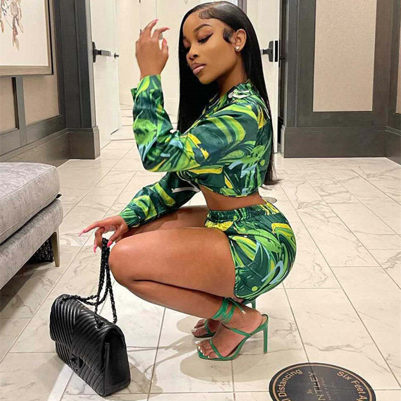 New Women's Printed Single Breasted Lapel Loose Top Shorts Set