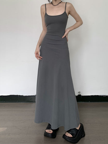 Vestido con tirantes adelgazantes de cintura alta, color sólido, informal, corte A, hasta la rodilla para mujer