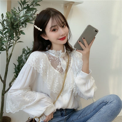 French Vintage Lace Shirt Long Sleeve Half High Collar Top