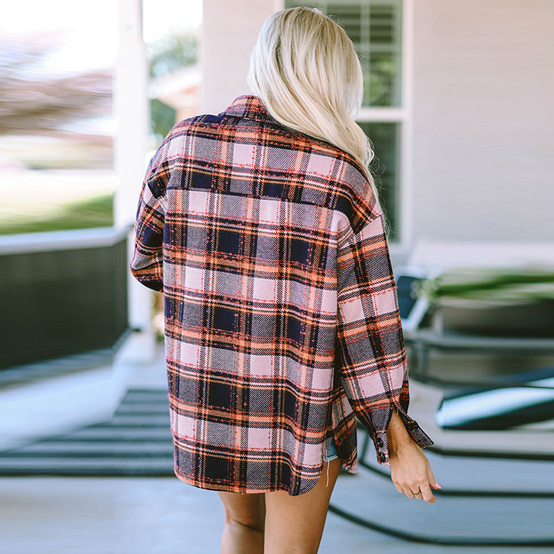 Loose Plaid Shirt Coat Women's Fashionable Outerwear Long-sleeved Top