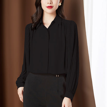 Chemise ample à manches longues en mousseline de soie pour femmes, manches bouffantes, à revers, à la mode