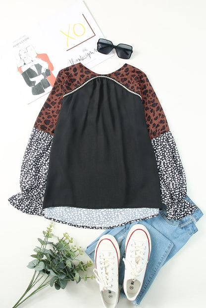 Animal Print Color Block  V-Neck Flounce Sleeve Blouse