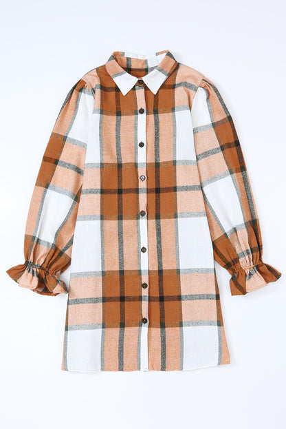 Khaki Plaid Pattern Collared Neck Ruffled Sleeve Shirt Dress