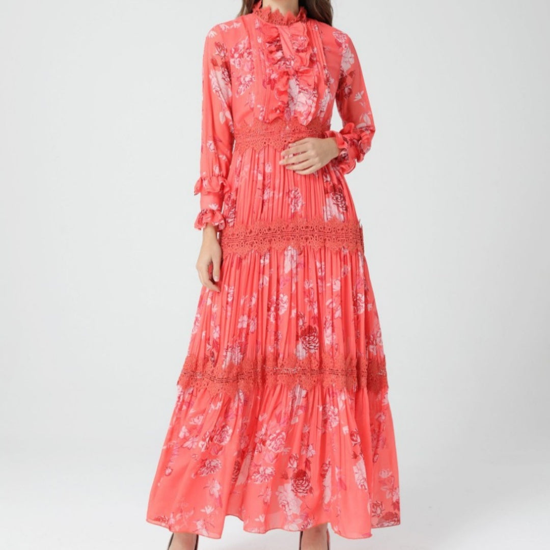 Early Spring Chiffon Fashion Temperament Commute High Waist Print Long Dress