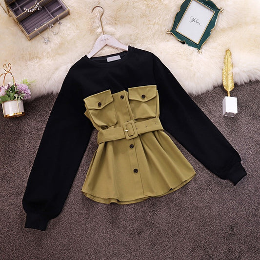 Color contrast breasted high waist long sleeves