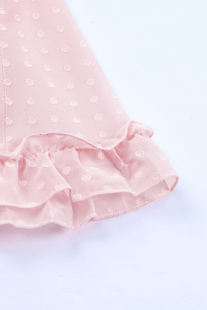 Mini vestido con volantes en capas y espalda abierta con lunares suizos y manga abullonada rosa