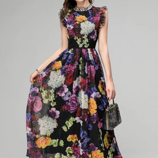 Printed Socialite Waist-controlled Large Hem Dress