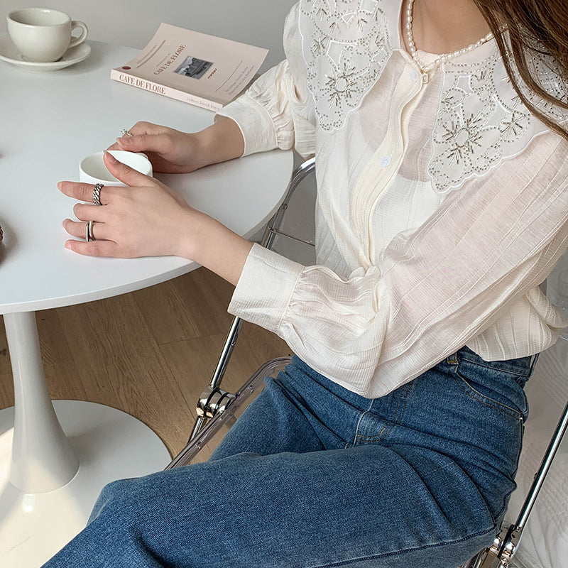 Camisa con cuello de encaje de hoja de loto de temperamento dulce y encantador para mujer