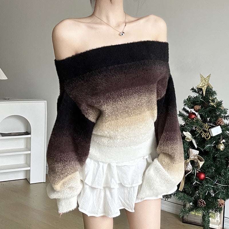 Gradient Off-neck Long-sleeved Woolen Top