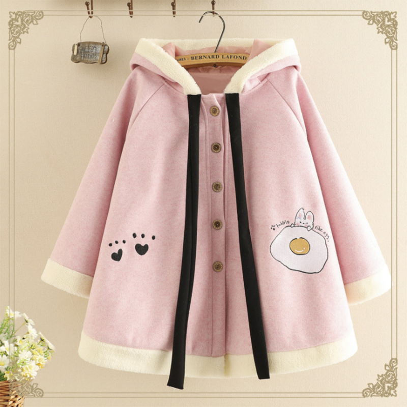 Loose Cartoon Rabbit Ears Embroidery Hooded Coat