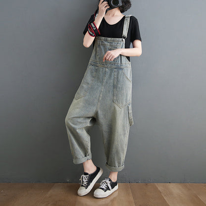 Washed Suspender Loose Denim Overalls