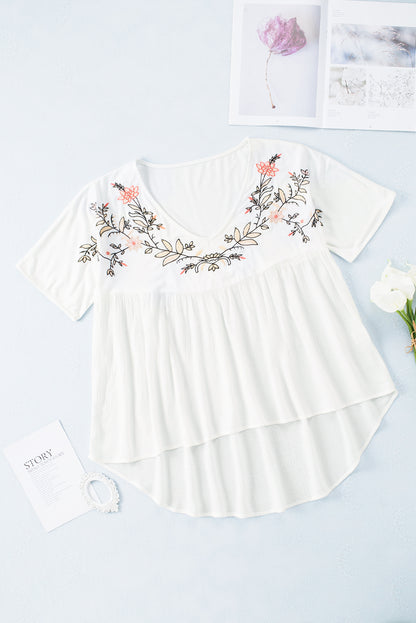 Embroidered V-Neck Babydoll Blouse