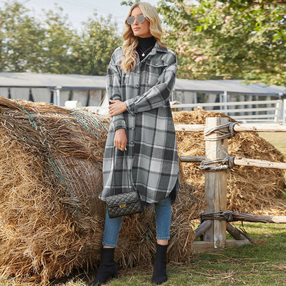 Chaqueta estilo camisa de lana a cuadros con solapa con abertura lateral